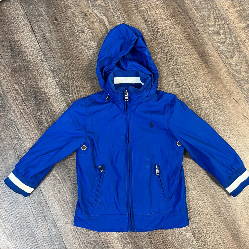Ralph Lauren Boys Cobalt Blue Hooded Bombed Jacket with White Accents